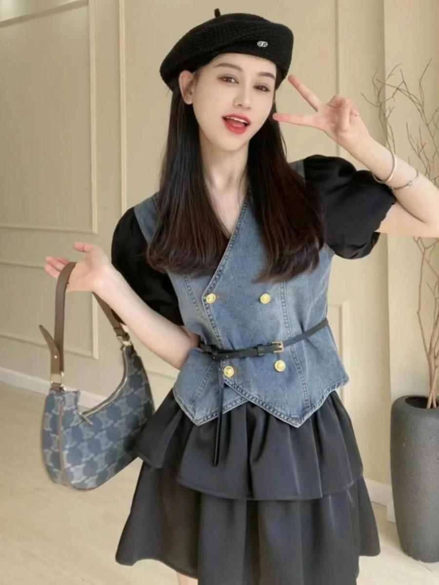 

Summer Denim Top And Short Or Long Skirt New Casual Comfortable Versatile Women's Sweet Commuting Denim Fashion Set