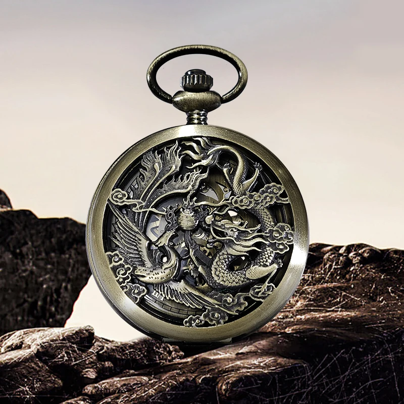 Bronze vintage mechanical pocket watch The shape of a dragon on the surface The outer ring of the back is patterned