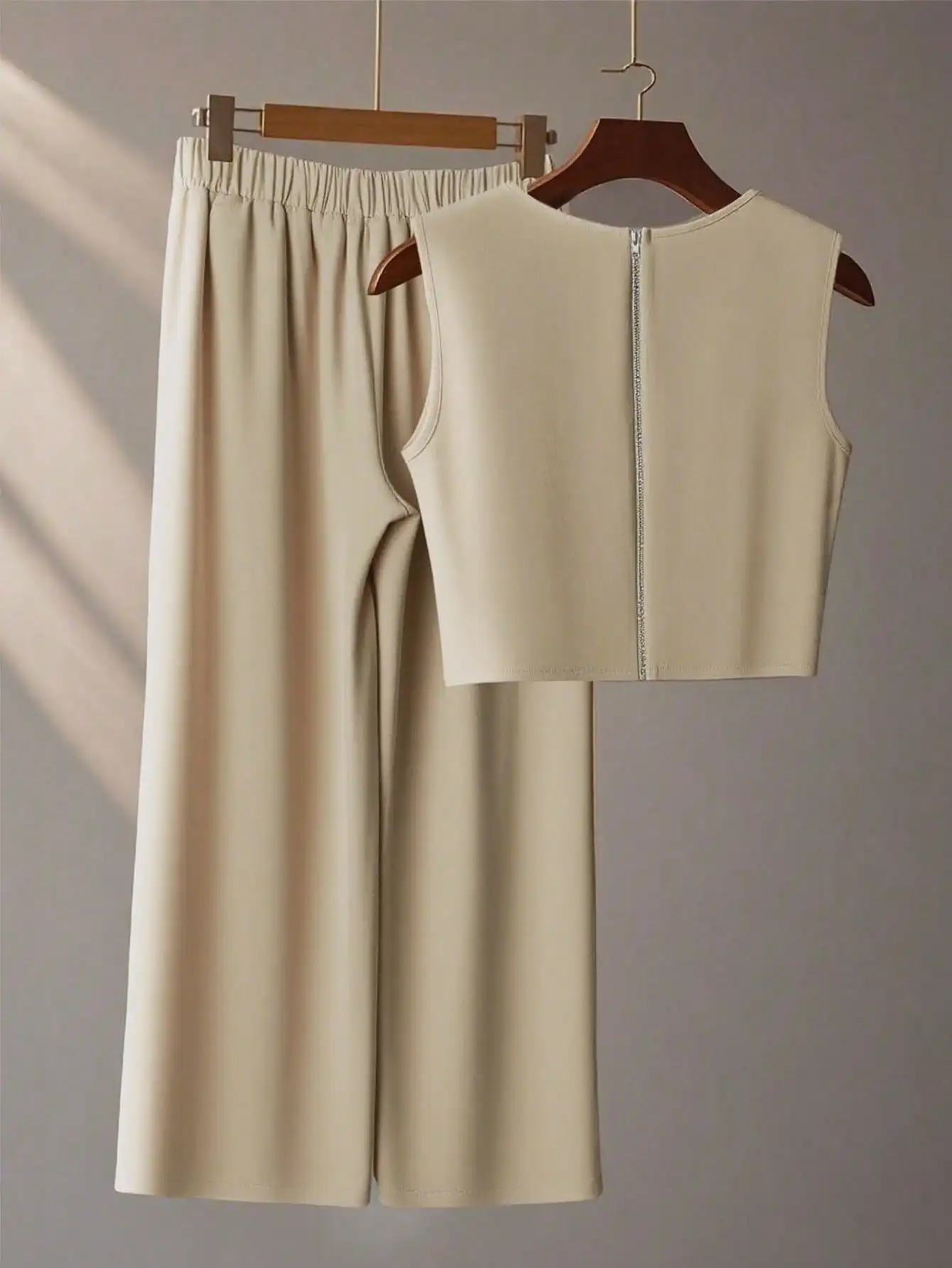 프랑스 고급 시크 3D 비즈 장식 민소매 탑 레이어드 와이드 레그 팬츠 여름 투피스 정장 여성용 S