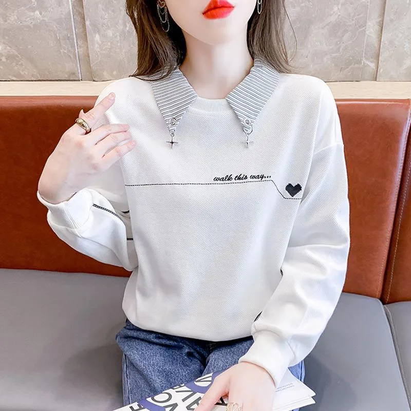 New Spring Fashion Trend Fake Two Piece Design Sense Polo Neck Panel Loose Versatile Slim Style Women\'s Long Sleeve Sweater