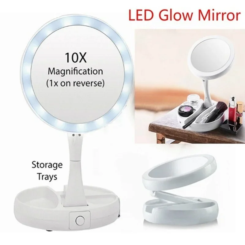 Portable LED Lighted Makeup Mirror Vanity Compact Women Pocket Mirrors Vanity Cosmetic Hand Mirror 10X Magnifying Glasses