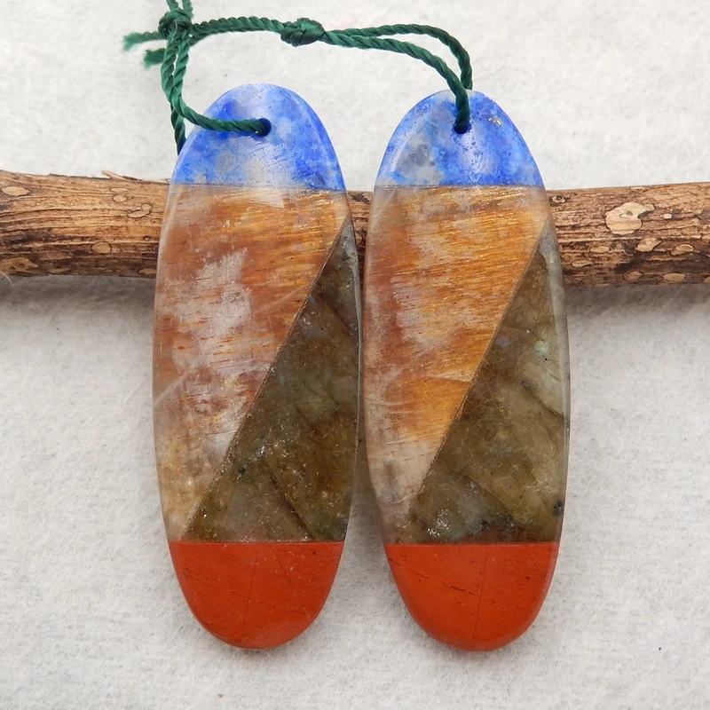 Gemstone Design Red river jasper with lapis lazuli sun stone Labradorite Intarsia fashion woman Earring Bead40x15x4mm8.5g