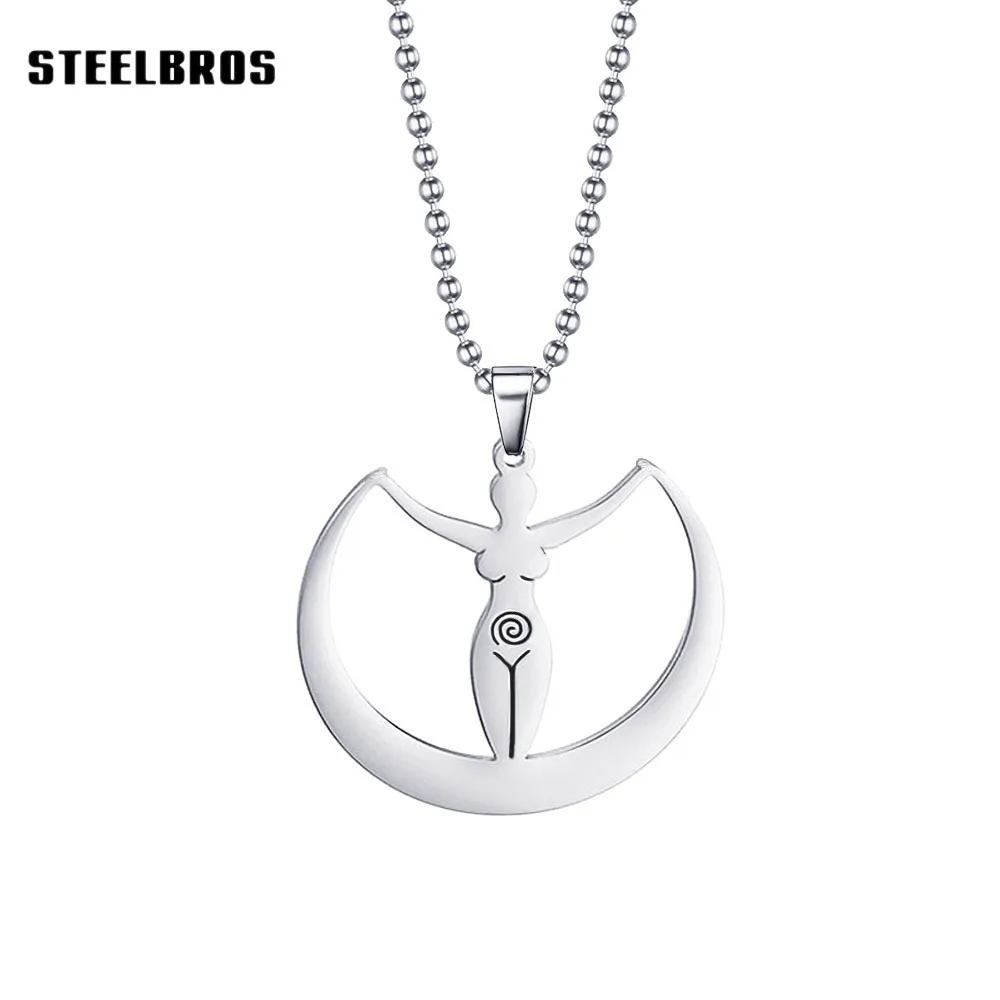 STEELBROS High Polished Moon Godness Pendant Fertility Tailsman Pagan Necklace Women Mother Stainless Steel Jewelry Dropshipping