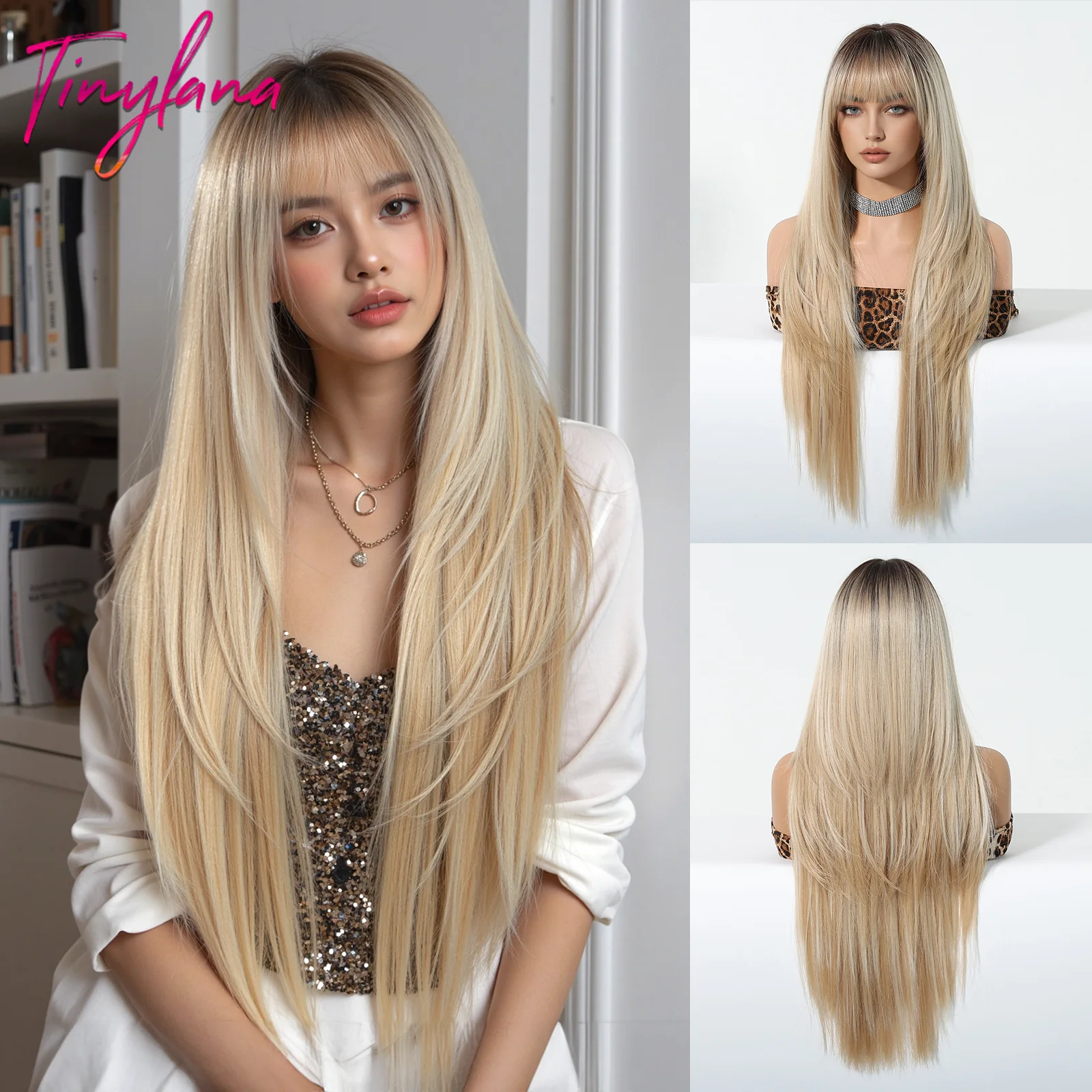 Blonde Brown Ombre Synthetic Wigs Long Straight Layered Wig With Bangs for White Women  Cosplay Natural Fake Hair Heat Resistant
