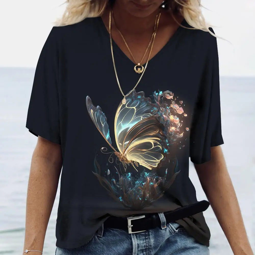 Women V Neck Short Sleeve T-shirt Fantasy Art Butterfly Print Vintage Gradient Loose Casual Summer Ladies Graphic Tee