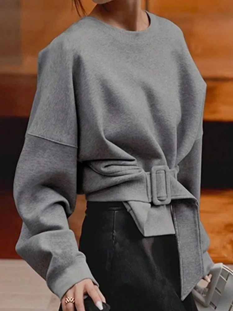 

UOOZEE Gray Hoodies For Women 2025 New Autumn Fashion Belt Buckle Solid Color O-Neck Long Sleeves Loose Casual Sweatshirts Tops