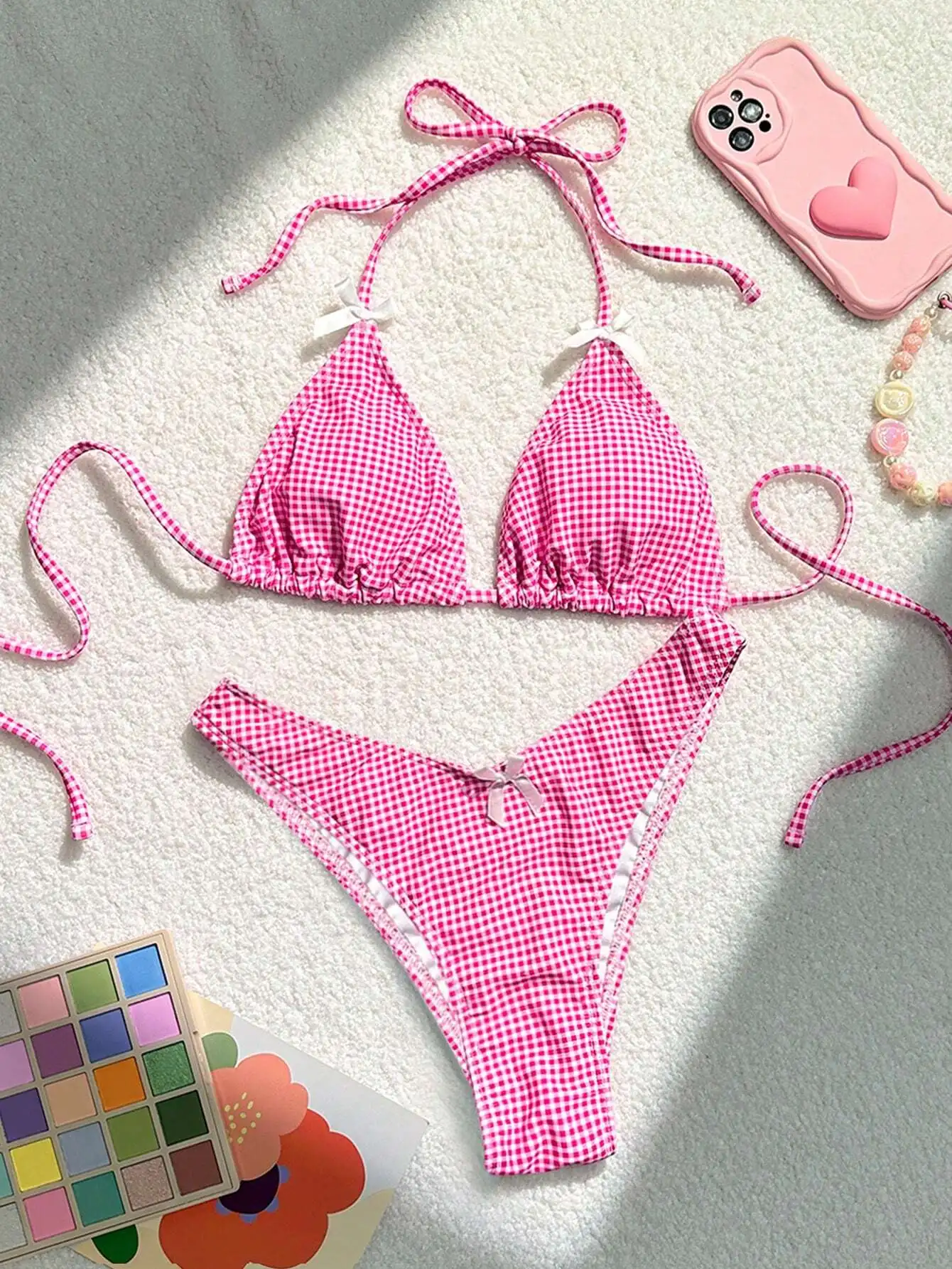 Conjunto de biquíni Swim Mod com estampa xadrez e gola halter com parte inferior separada, praia de verão
