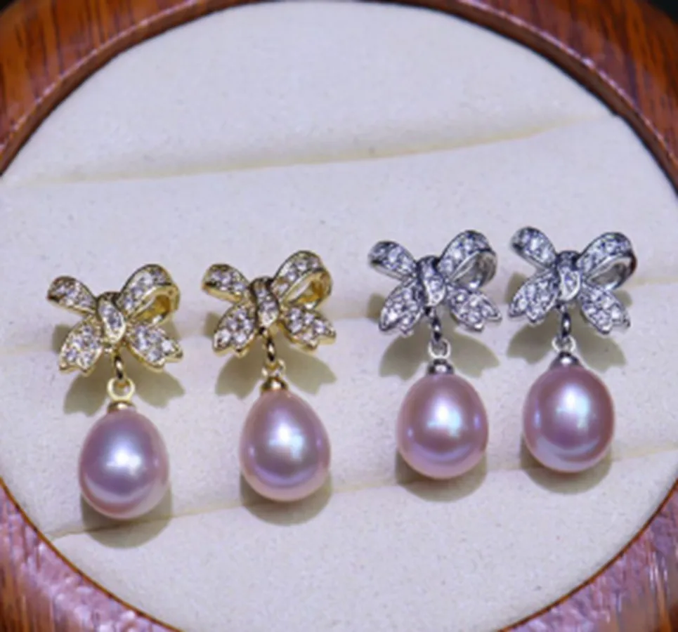 

Natural 8-9mm Purple Pearl 18KGP Zircon Crystal Bowknot Earring AAA