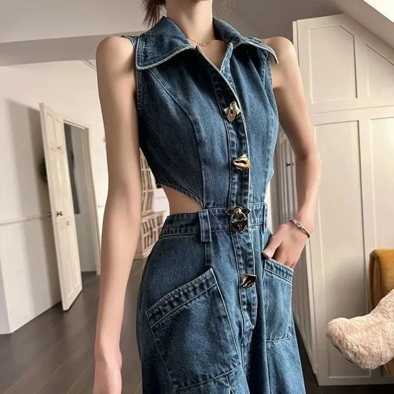 

2025 comfort Fashion Slim Waist Hollow Out Denim Dresses Summer New Lapel Neck Halter Vestidos Y2k Mid-length Dress for Women