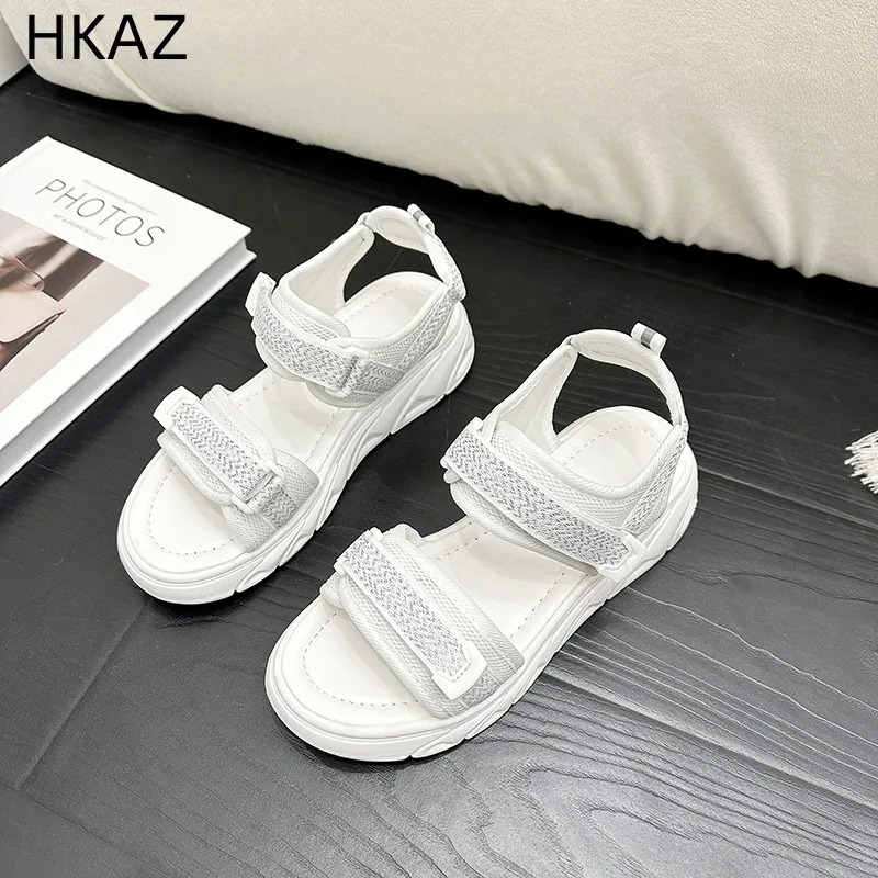 Сандалии женские на танкетке, модная Уличная обувь для пляжа, дышащие спортивные туфли с круглым носком, плоская подошва, летние