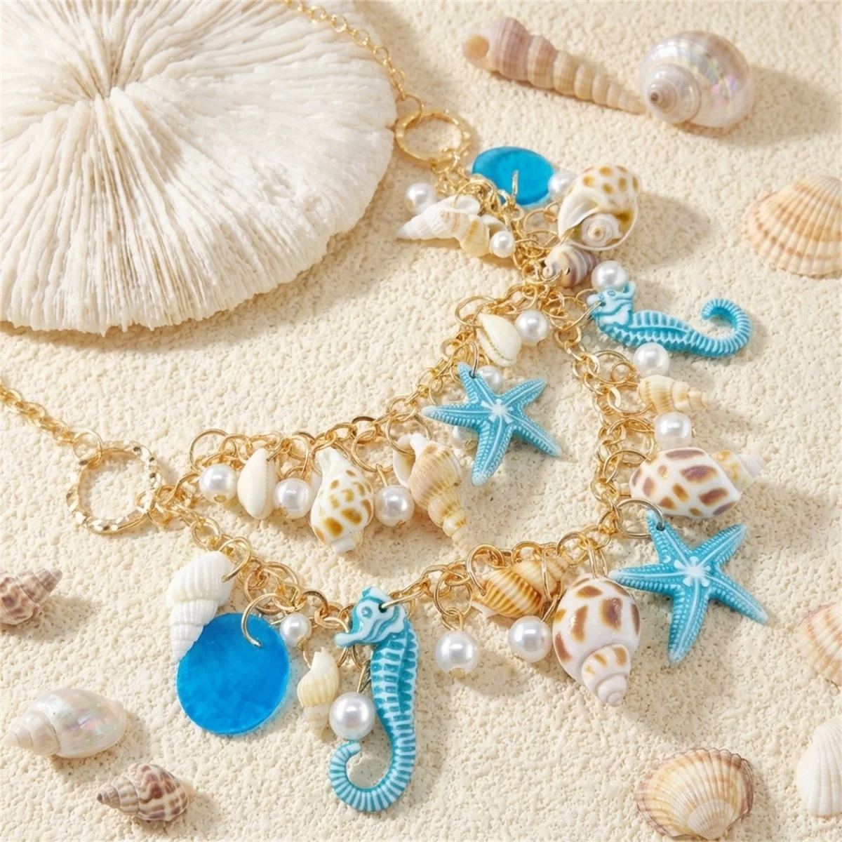 Sommerliche, extravagante, farbenfrohe Anhänger-Halskette mit Seestern, Muschel und Seepferdchen aus Kunstharz für Damen und Herren, Ozean- und Strandmotiv, Meerestier-Choker-Schmuck – Detail 20