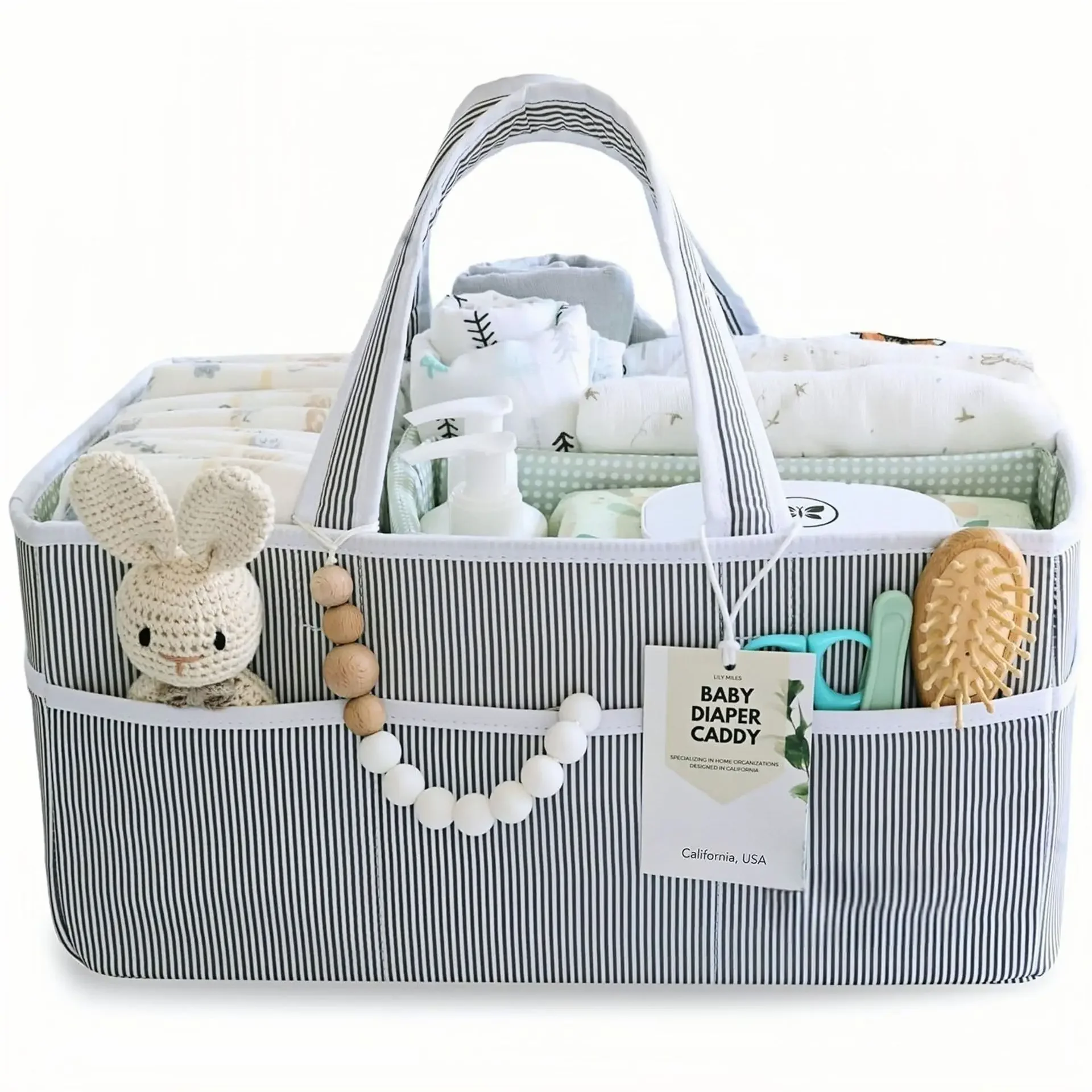 Fabric Diaper Caddy Organizer, Portable Breathable Cotton Nappy Storage Basket with 3D Structured Pockets,Baby Essentials
