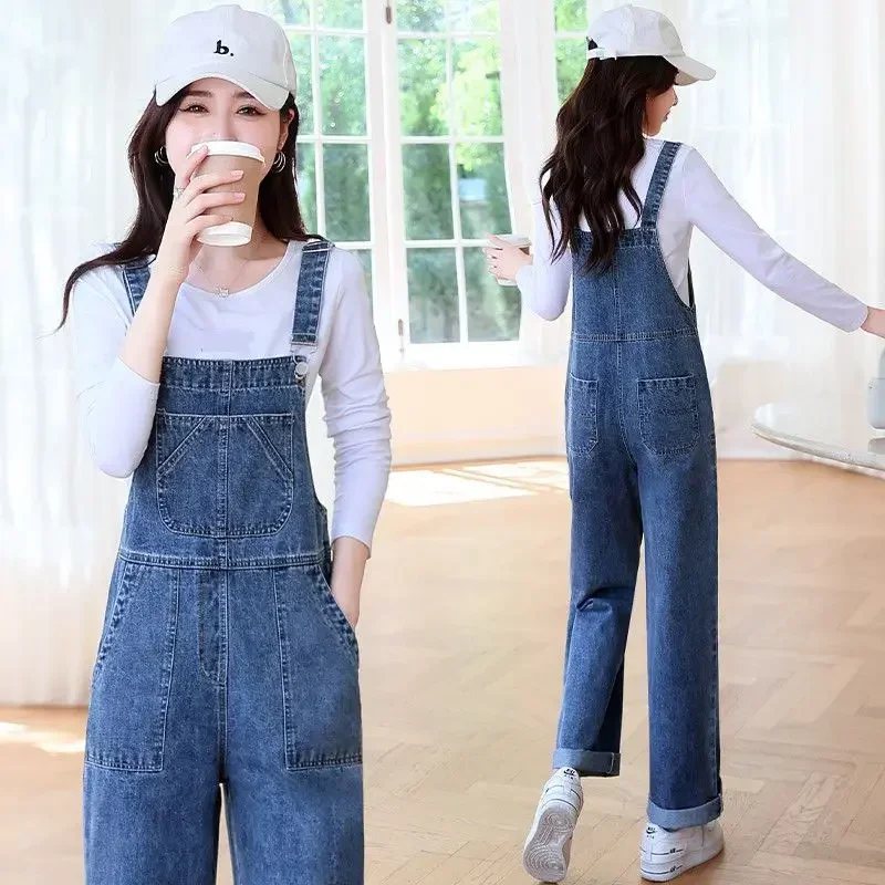 Denim Jumpsuits Dames Overall Mode Casual Losse Zak Slanke Blauwe Bretels Broek Vrouwelijke Jean