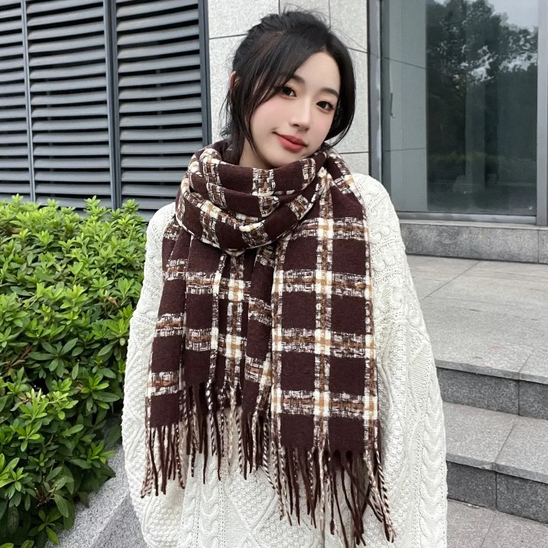 

Retro color-blocked plaid scarf autumn and winter long square tassel shawl dual-purpose student warm plaid scarf for women