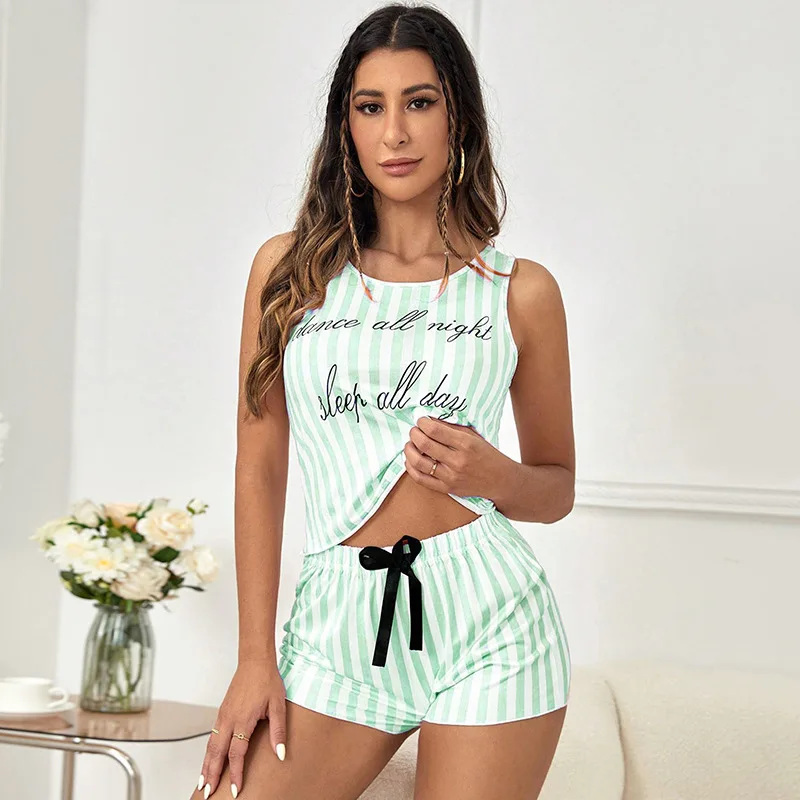 Summer New Women\'s Printed Vest Shorts Pajamas Ladies Home Wear Pink Striped Letters Pajama Set