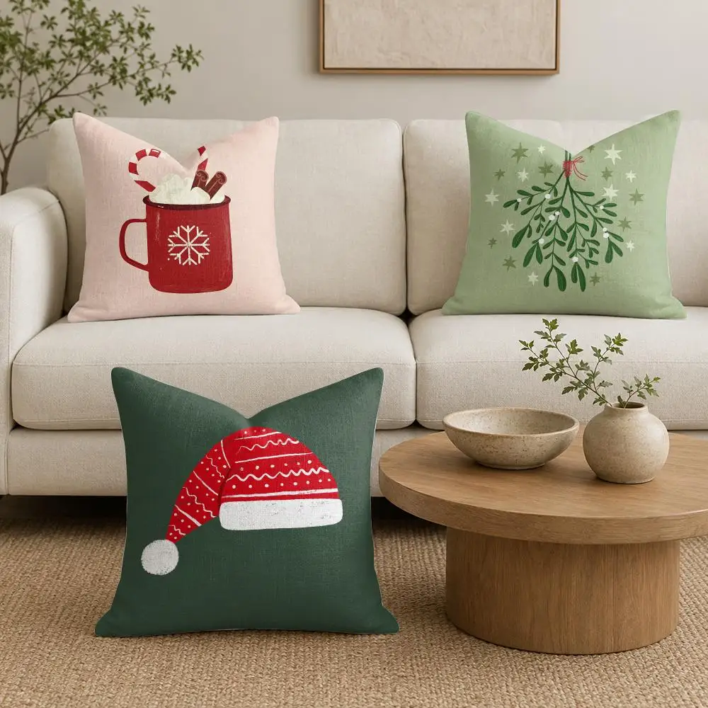 Christmas Hat And Balls Cushion Cover Natural Linen Organic Fabric Double-Sided Printing Sofa Home Decor Gift Pillow Cover