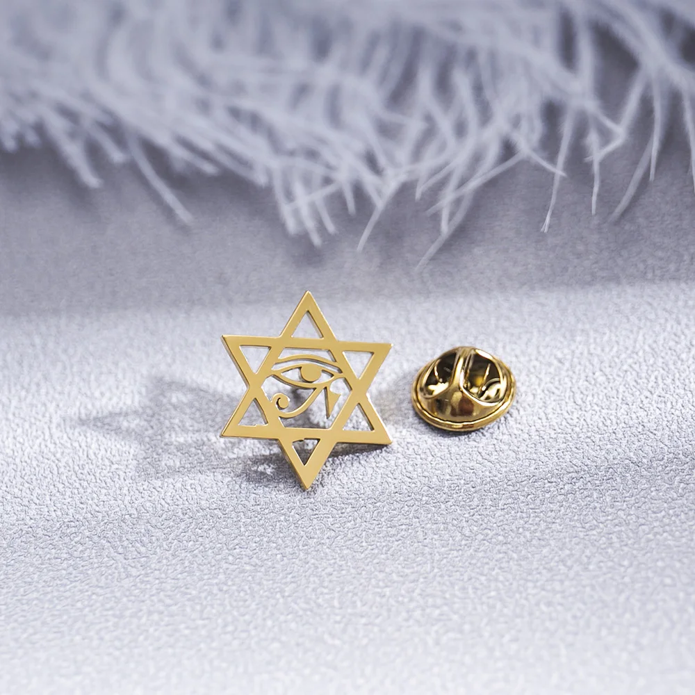 Tangula Jewish Star of David Brooch for Men Stainless Steel Egypt Eye of Ra Amulet Badge Pin Jewelry Groom Wedding Accessories