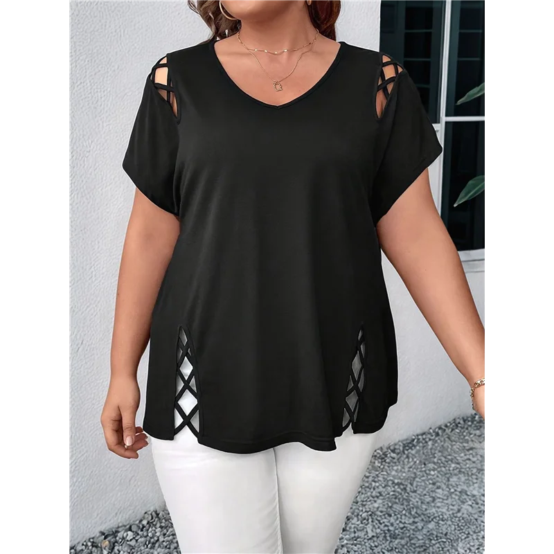 CYL-Womens Short Sleeve Tunic Tops Cut Out V Neck Dressy Casual Loose Fit Long Tops