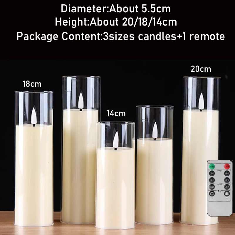 3/5x Vlamloze LED-kaars & afstandsbediening Timer Op batterijen werkende acryl transparante pilarenwas, draagbare sfeerlamp voor kerstdecoratie