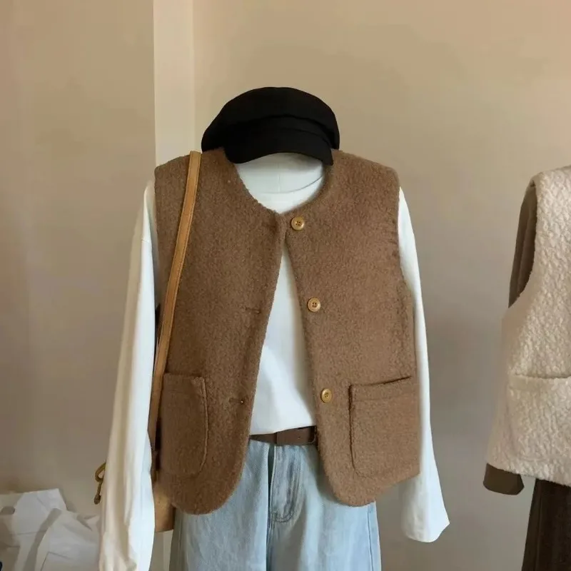 

Новое осенне-зимнее женское короткое пальто в корейском стиле без рукавов с карманами, жилет, шерстяной жилет