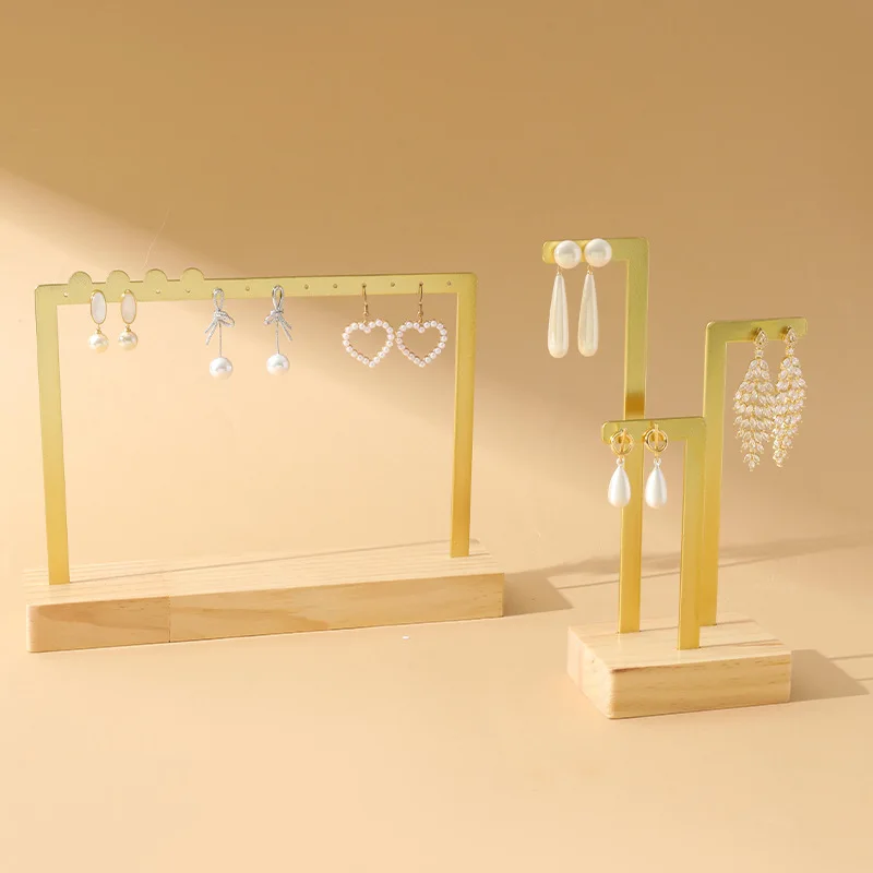 Rack de joias de metal elegante com base de madeira, brincos pendentes, colar, suporte de armazenamento, adereços de vitrine