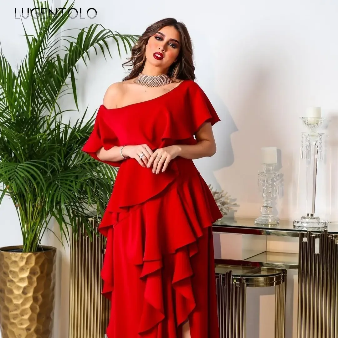 Lugentolo Women Sexy Red Dress Multi-layer Ruffles Party Big Swing Empire Lady Slim Temperament Elegant Long Clothing