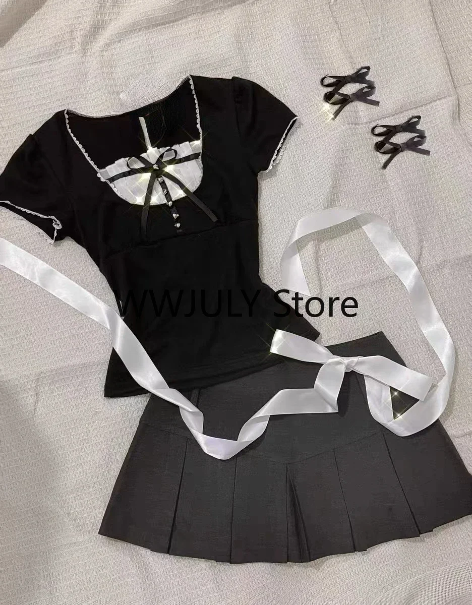 2000s Kawaii High Waist Pleated Skirt Y2k Punk Sexy Slim Streetwear Bow Mini Skirts Emo Girl Gothic Women Clothes Vintage Femme