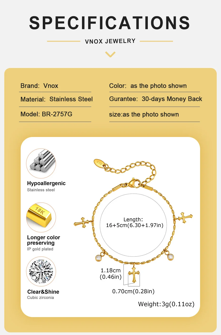 Vnox Schickes Zirkonia-Kreuz-Charm-Armband für Frauen, Edelstahl, vergoldet, mit olivfarbenen Perlen, religiöser Gebetsschmuck. – Detail 4
