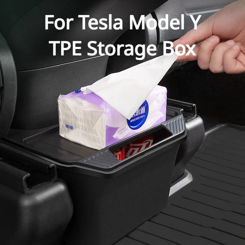 For Tesla Model Y TPE Storage Box Rear Center Console Organizer Box with Cover Trash Under Seat Car Interior Accessories 2023