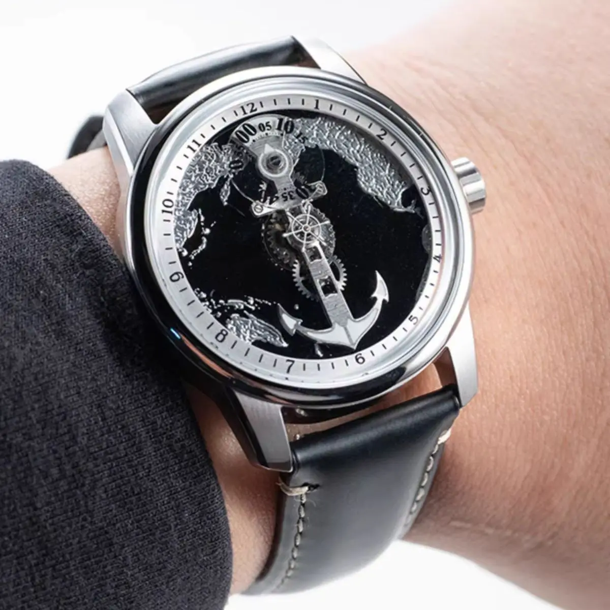 OBLVLO Men Automatic Watch 42MM Mechanical Wristwatch 50M Waterproof Sapphire Mirror Navigation Map Dial Rotatable Hand