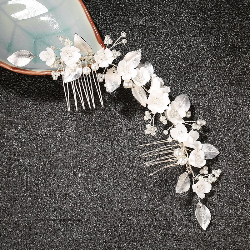 SLBRIDAL Handgefertigter Kristall-Strass-Perlen-Keramikblumen Braut-Haarkamm Hochzeits-Haaraccessoires Brautjungfern Damenschmuck – Detail 4
