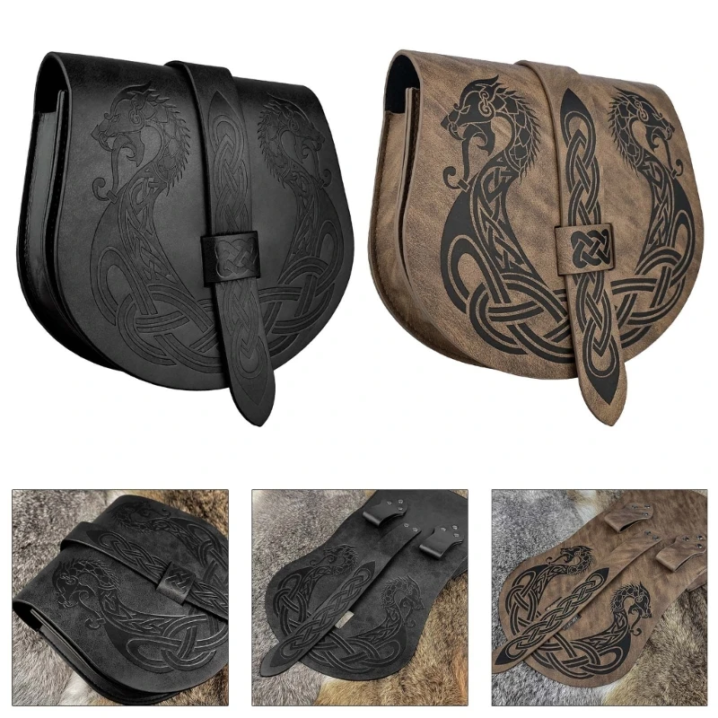 Vintage Medieval Leather Belt Bag Embossed Leather Side Pack Medieval Belt Pouches Leather Waist Pack for Cosplay Party