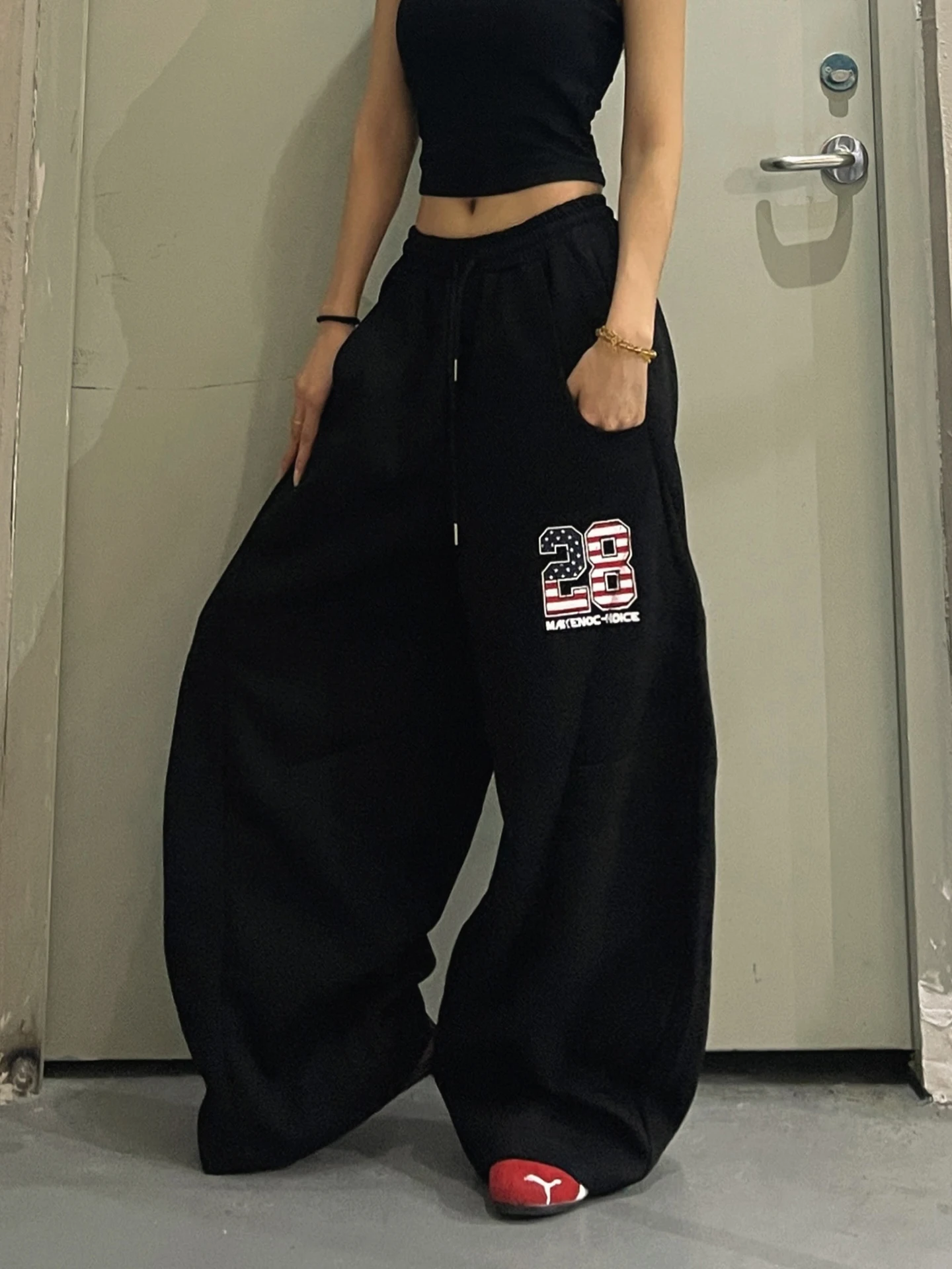 

Женские повседневные брюки DoubleD с принтом американского ретро-флага, широкие, в пол, для уличных танцев