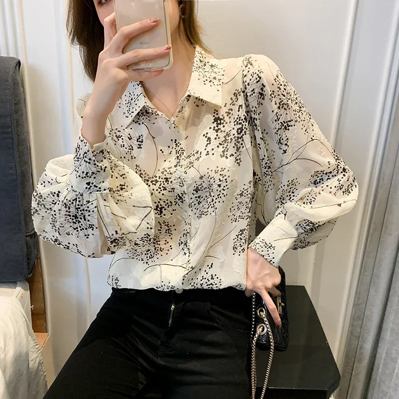 Casual Turn Down Collar Women Shirt Long Sleeve Print Chiffon Shirt Blouse Women Tops Camisas Blusa Blusas Camisas De Mujer M166