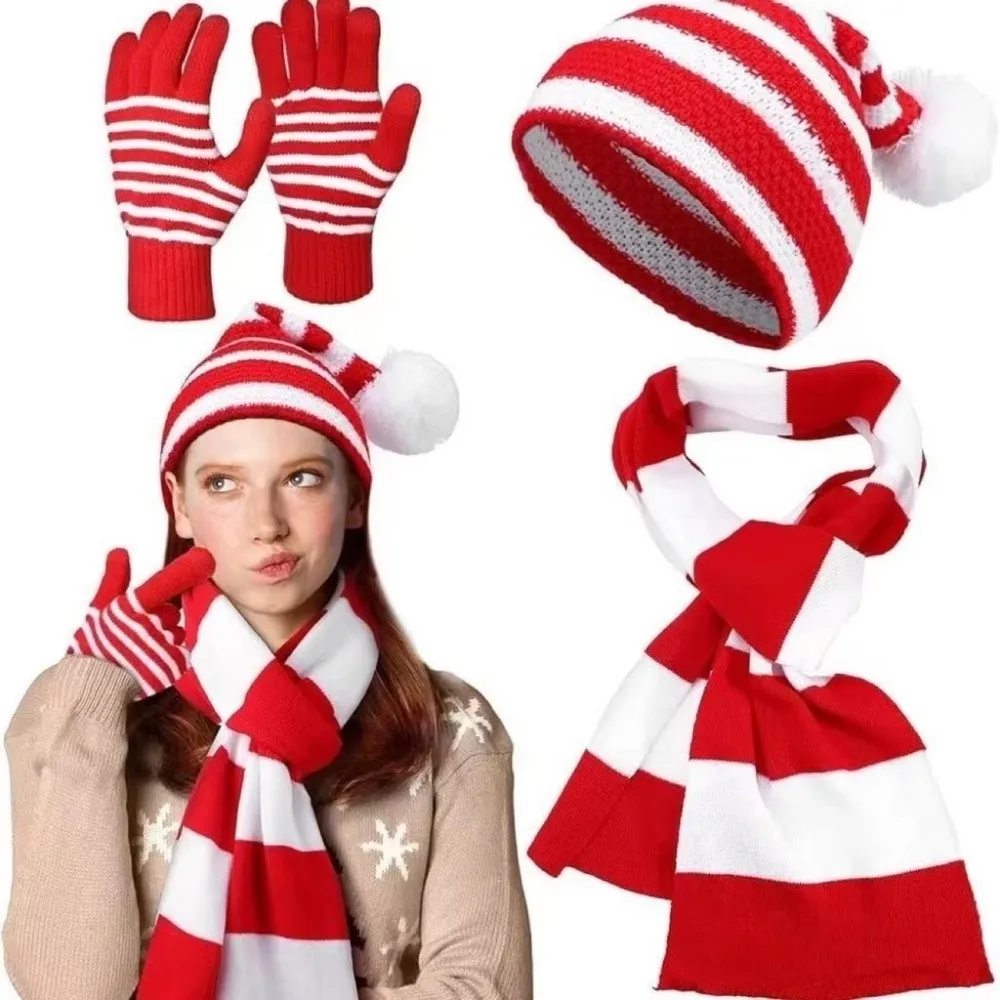 Fashion Thermal Yarn Christmas Hat Scarf Striped Pattern Gloves Xmas Beanie Elastic Fit Bright Colors Santa Claus Beanie Party