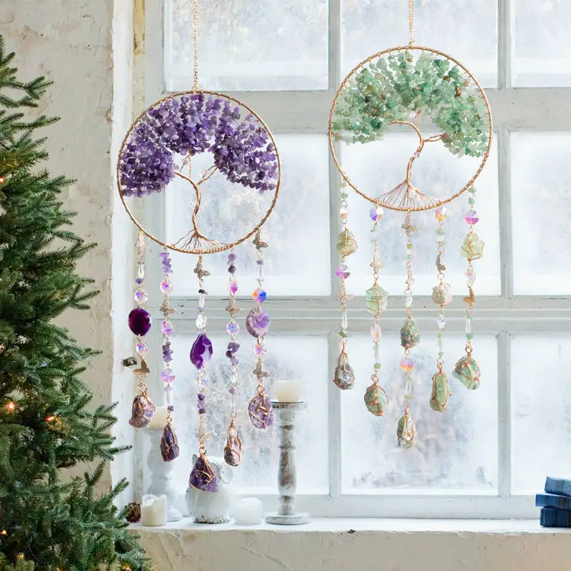 

Crystal Suncatcher Hanging Home Decor Gemstone Pink Quartz Fluorite Agate Amethyst Tree of Life Dream Catcher for Christmas Gift