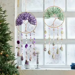 Crystal Suncatcher Wall Hanging Home Decor Natural Stone Gemstone Pink Quartz Fluorite Agate Amethyst Tree of Life Dream Catcher