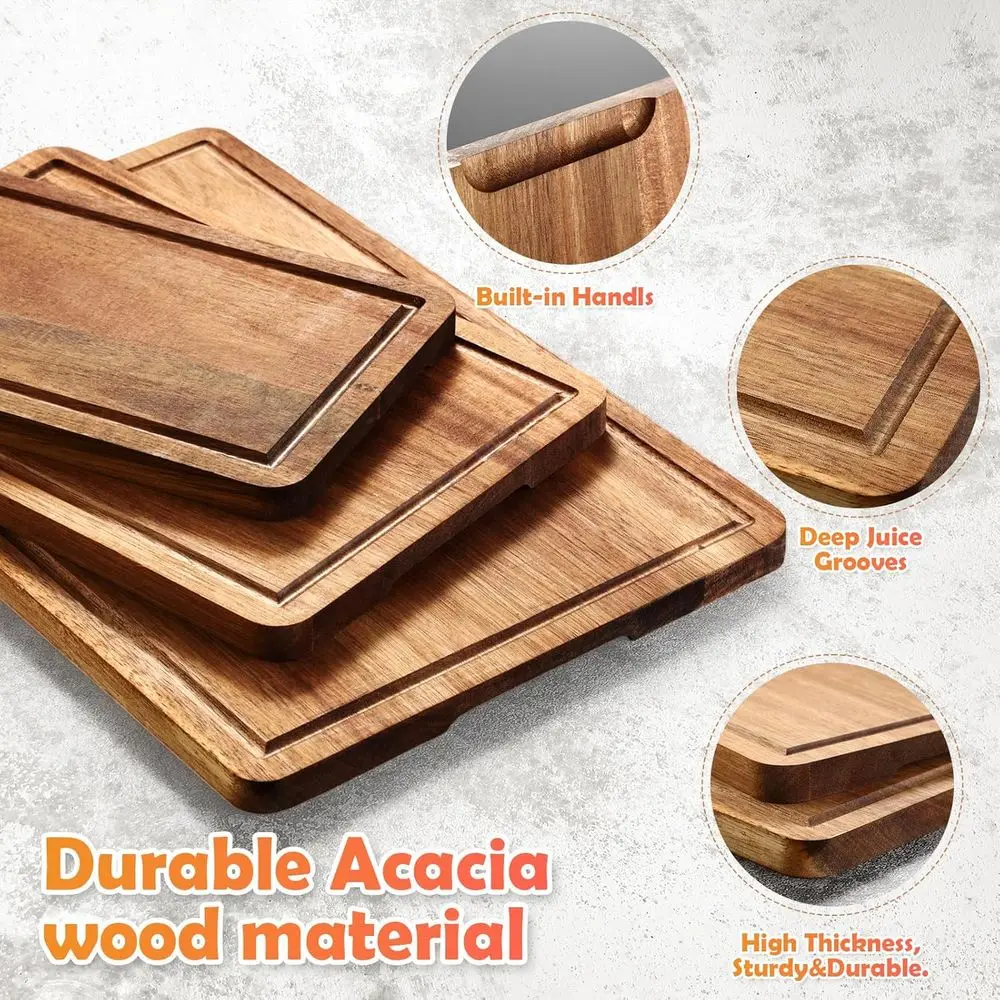 ألواح تقطيع المطبخ من خشب السنط - 3 مقاسات مع أخاديد العصير ومقابض للحوم والخضروات والهدايا