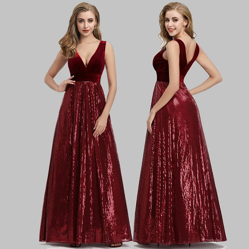 

ICCLEK Plunging Neck Sequin Formal Dress Floor Length Velvet And Sequin Evening Dress Burgundy Elegant Beading Sequin Gown