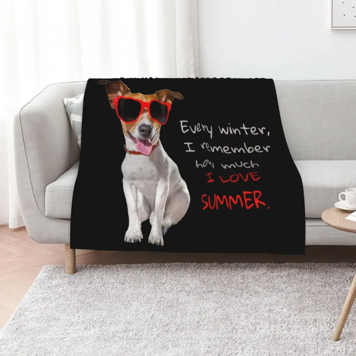 Every winter, I remember how much I love summer. Jack Russell terrier in red sunglasses. Throw Blanket Vintage Blankets