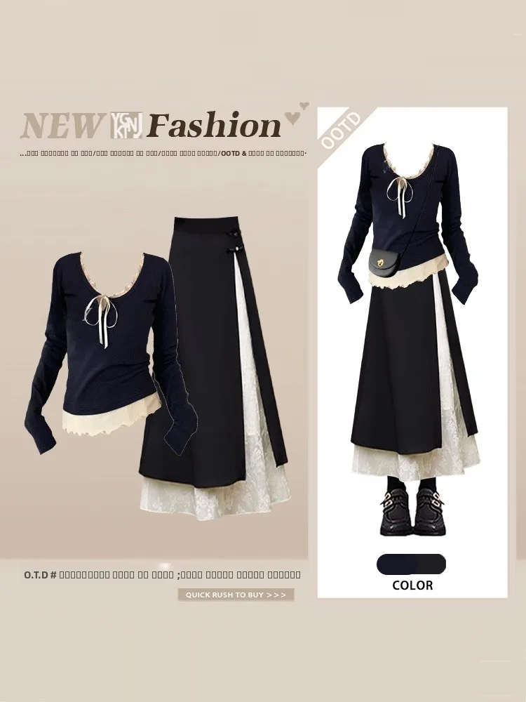

Ladies High Waist T-irt Skirt Set Wooden Ear Fake Two-Piece Early Spring Anti-Aging Clete Set Faionable Ensemble