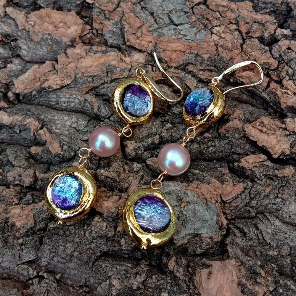 YYGEM Purple Murano Glass 8-9mm Pearl Hook Earrings