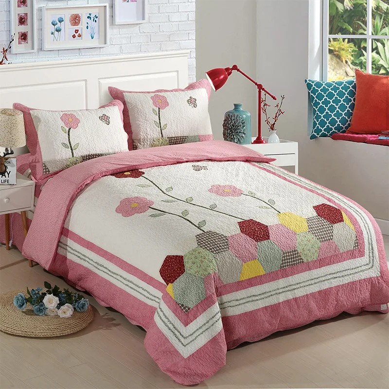 Minimalist Applique Quilt Set 3/4-Piece 100% Cotton Hand-Stitched Patchwork Bedspread Rustic Farmhouse Bedding Cover Lightweight