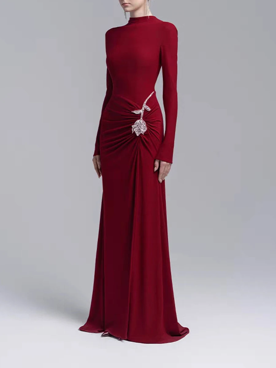 TWOTWINSTYLE Mimimalist Solid Evening Dresses for Women Stand Neck Long Sleeve High Waist Spliced Sequins Rose Dress Female New