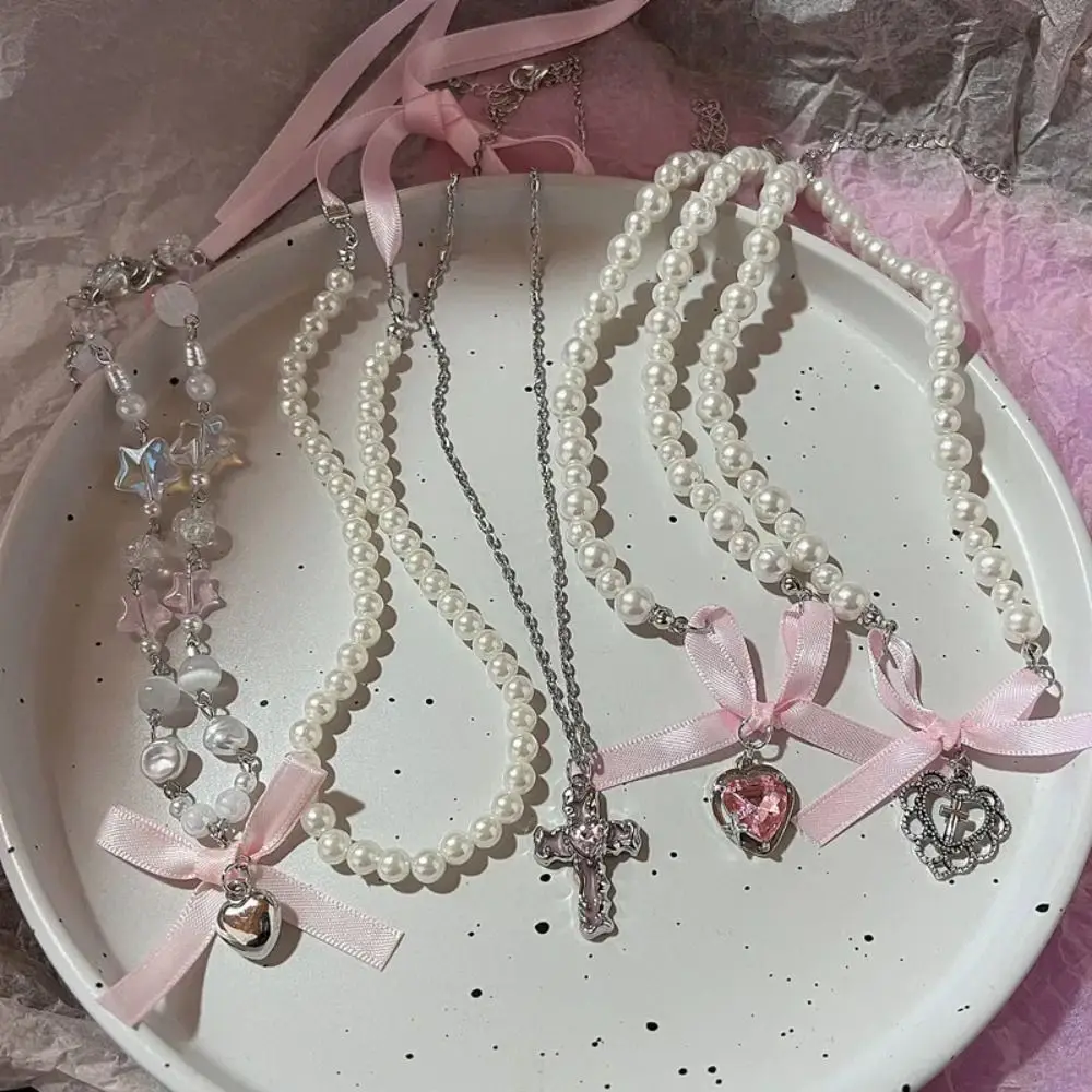 

Pearls Pink Bow Necklace Korean Style Zircon Bowknot Pendant Choker Neckchain Jewelry Accessories Balletcore Choker Gift