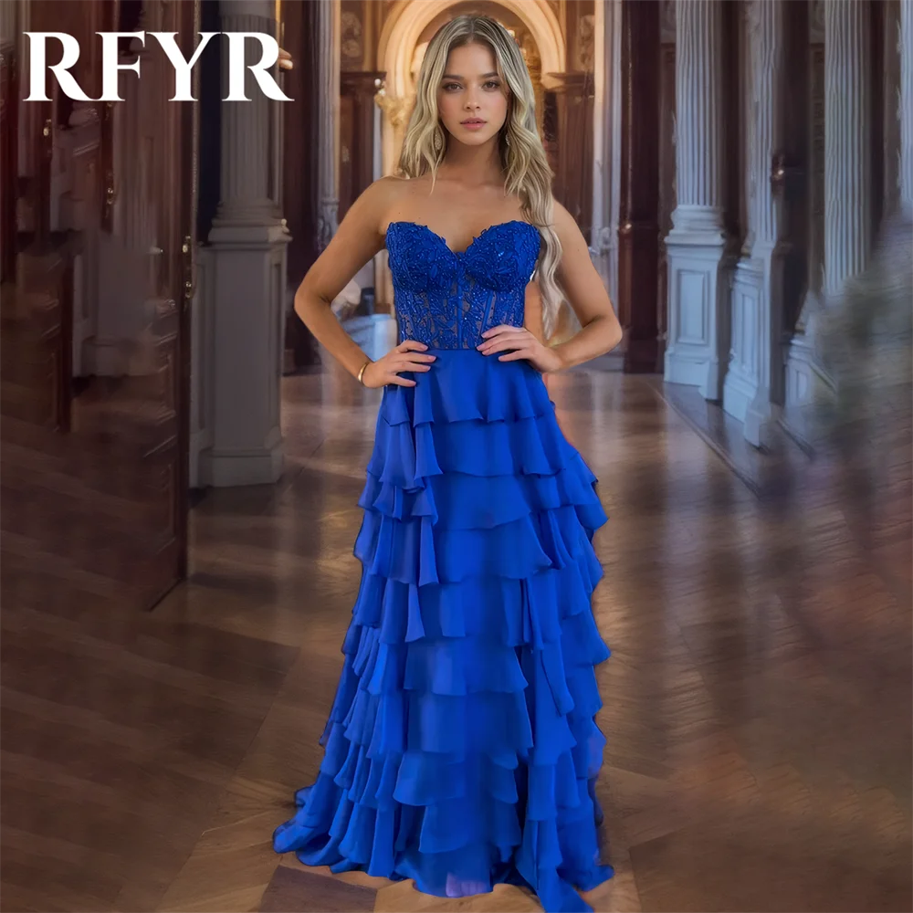 

RFYR Navy Blue Special Occasion Dress Swwetheart Chiffion Formal Gown Long Tiered Evening Dress vestidos de fiesta Customized