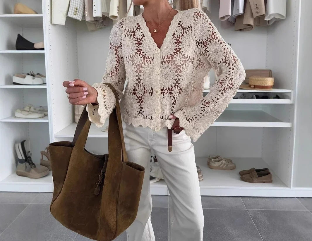 2026 Women's New Hollowed Out Knitted Long Sleeved V-neck Loose Cardigan Air Conditioning Sunscreen Shirt