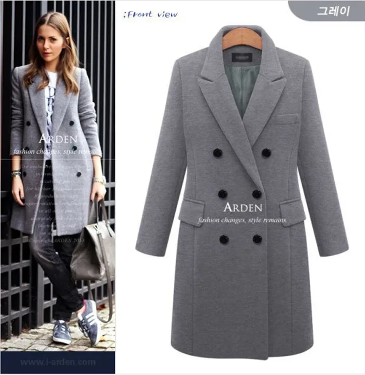 Mid-Length Woolen Women\'s Coat Double-Breasted Woolen Coats Trench Solid Color Autumn Winter Warm Outwear
