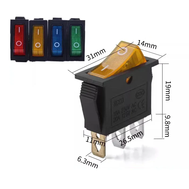 8pcs Rocker Switch 3 Pins 2 Position ON/Off AC 20A 125V 15A 250V SPST Yellow Red Green LED Light Illuminated Boat Rocker Switch
