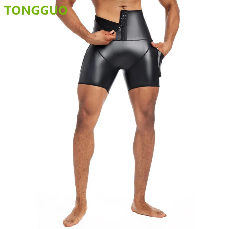 

Cool guy Stretch Faux Leather Pants Body Shaper Waist Trainer High Waist Abdomen 3 Hooks Compression Leather Shorts with Pockets